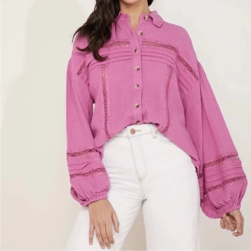 Free People Summer Stars Pink Button Up Top - Picture 1 of 3